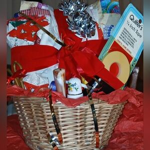 Festive Quilter Vintage Fabric Gift Basket with Ornaments Thimble Quilt Charms